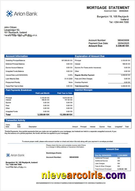 Iceland Arion Bank mortgage statement Word and PDF template